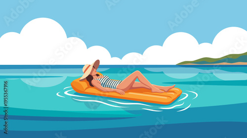 A serene woman floats on an orange raft in a clear blue ocean, epitomizing relaxation and tranquility under the warm sun on a beautiful day at the beach.