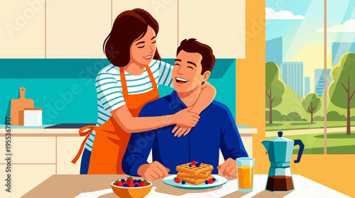 A joyful couple shares a beautiful breakfast moment in the kitchen, highlighting affection and warmth in a bright and inviting space filled with natural light.