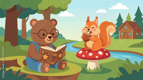 A charming scene featuring a bear in glasses reading a book while a happy squirrel enjoys a snack near a whimsical mushroom in a tranquil garden setting.