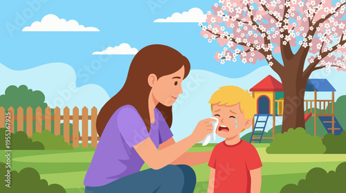 A caring mother gently comforts her crying child in a beautiful park scene, showcasing love and empathy amidst blossoming trees and a cheerful play area.