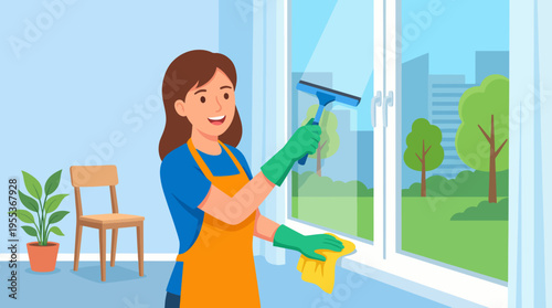 A cheerful woman cleans windows in a bright living room, exemplifying a sense of care and pride in home maintenance while giving a glimpse of the lush outdoors.