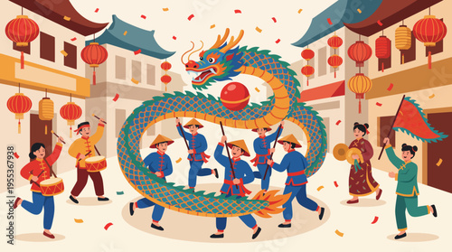 This festive scene features a colorful dragon dance with performers celebrating in a lively street adorned with traditional lanterns, reflecting cultural joy and unity.