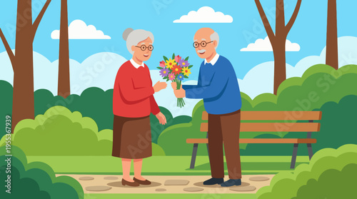 An endearing scene of an elderly couple exchanging flowers in a vibrant park symbolizes love, companionship, and the joy of shared moments during their golden years.