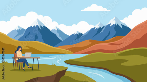 The image depicts a person working on a laptop outdoors, surrounded by majestic mountains and a calm river, emphasizing the harmony of nature and productivity.