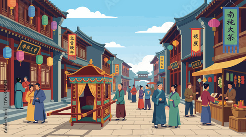A bustling ancient market scene shows vibrant cultural exchanges, filled with people enjoying traditional foods and crafts, encapsulating community spirit and heritage.