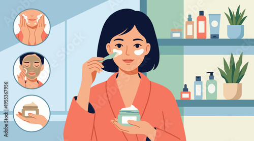 A woman applies cream to her face as part of her skincare routine, showcasing self-care, beauty, and wellness amidst a tranquil bathroom setting decorated with beauty products.