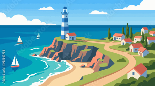 This charming coastal scene features a lighthouse overlooking the ocean, surrounded by vibrant houses and sailboats, capturing the essence of coastal living and tranquility.