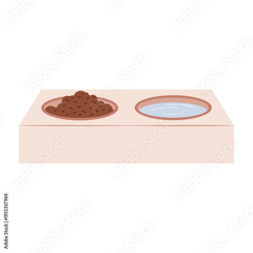 Flat illustrations of various pet feeding bowls and automatic food dispensers