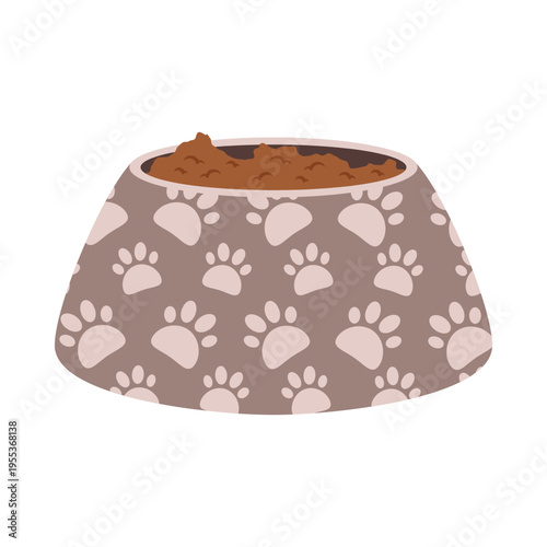 Flat illustrations of various pet feeding bowls and automatic food dispensers