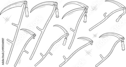 Hand drawn scythe collection with vintage farming harvest tools engraving style vector illustration