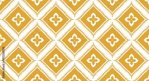 Seamless ikat pattern with golden diamond shapes and tribal floral motifs on white background for textile design traditional ethinc style fabric wallpaper