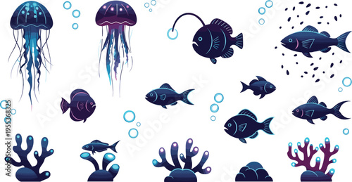 Deep sea marine life set with glowing fish jellyfish coral reef elements underwater fantasy aquatic vector illustration collection