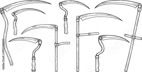 Vintage scythe tools collection with detailed harvest blades hand drawn engraving vector illustration