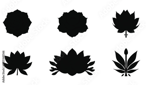 Six distinct black lotus and botanical emblems are presented as graphic icons on a clean white surface for.