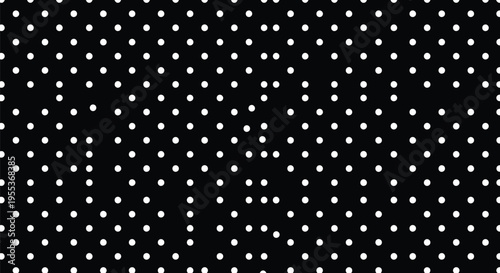 Classic white polka dot pattern on black background featuring unevenly spaced circles for playful minimalist aesthetic textile and wrapping paper design