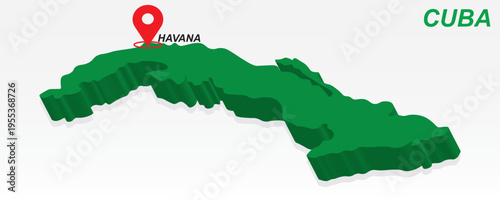 Cuba Map Vector, Havana Capital City Marker on Green 3D Country Shape, Cuba Infographic Design, Editable Destination Pointer Cuba Geography