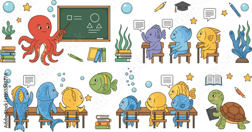 Deep sea marine life set with glowing fish jellyfish coral reef elements underwater fantasy aquatic vector illustration collection