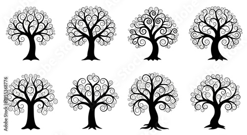 Set of six black tree silhouettes with curly branches on white background