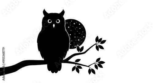 Black owl silhouette perched on tree branch with leaves moon background symbolizing wisdom and mystery in nature