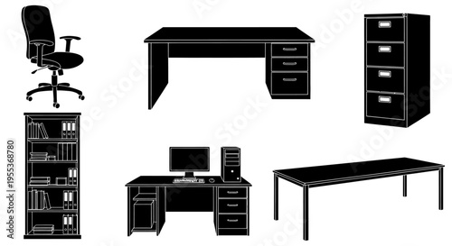 Office furniture set including desk chair shelving units and computer workstation on white background