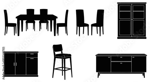 Silhouettes of modern furniture set including dining table chairs cabinets and bar stool on white background