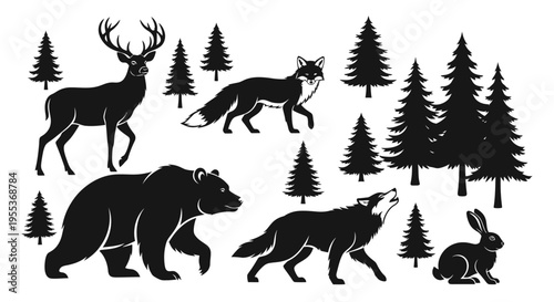 Black silhouettes of forest animals and trees on white background wildlife scene with deer bear fox wolf and rabbit