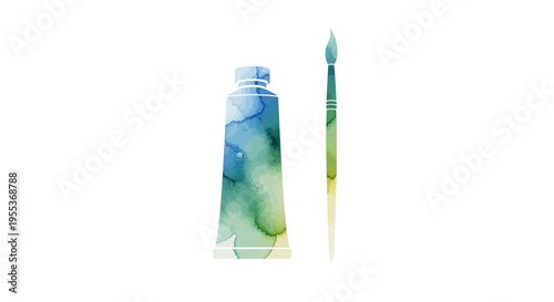 Watercolor paint tube and brush on white background artistic supplies for creative projects and painting