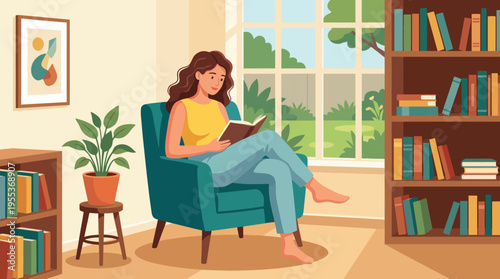A woman sits comfortably in a modern armchair, reading a book in a bright, cozy living room filled with bookshelves. This captures tranquility, relaxation, and the joy of reading at home.