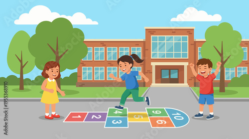 Three kids joyfully play hopscotch in front of a school building with excitement and laughter. The image encapsulates childhood innocence, fun, and the joy of outdoor play.