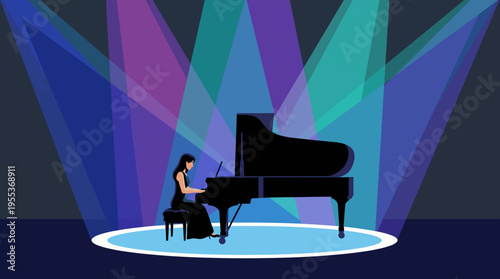 A dedicated musician plays a grand piano under vibrant stage lights, capturing the essence of performance art, music, and emotion in a visually striking silhouette style.