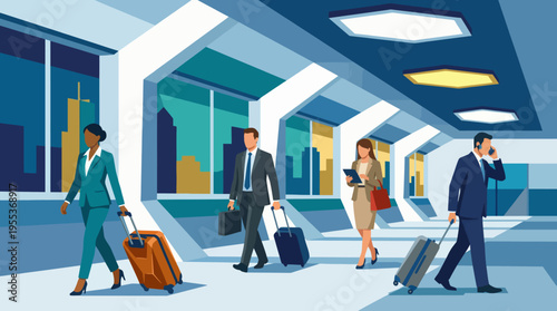 A dynamic scene showcasing professional travelers walking through a contemporary airport terminal, highlighting the hustle and bustle of modern travel and business.