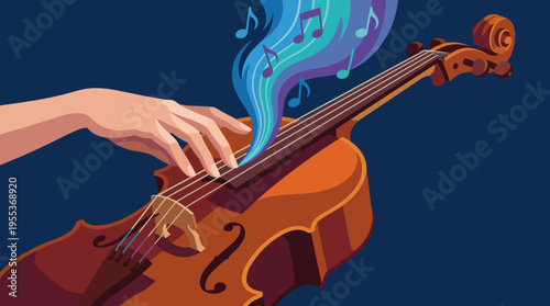 A captivating illustration of a hand gracefully playing a violin with musical notes flowing from it, highlighting the artistry and beauty of music creation.