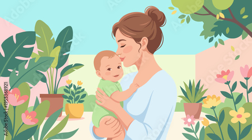 A heartwarming illustration of a mother holding her baby lovingly in a vibrant garden, symbolizing nurturing, love, and the beauty of family bonds.