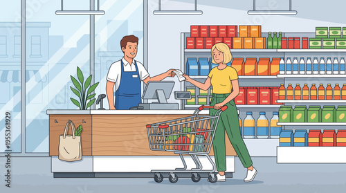 A cheerful shopper completes her purchase at a grocery store with a friendly cashier, capturing a moment of everyday joy during shopping in a vibrant retail environment.