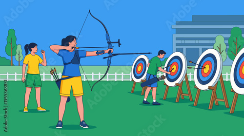 A group of enthusiastic individuals practices archery outdoors, showcasing focus and determination while enjoying a fun day of skill development in a vibrant green setting.