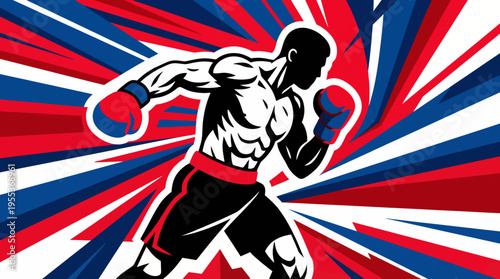 An energetic design of a muscular boxer in action, surrounded by vibrant explosive colors, symbolizing strength, determination, and the spirit of competition in sports.