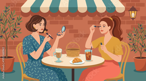 Two women share a pleasant moment at a café while applying makeup and enjoying pastries, celebrating friendship, connection, and lifestyle in a warm outdoor setting.