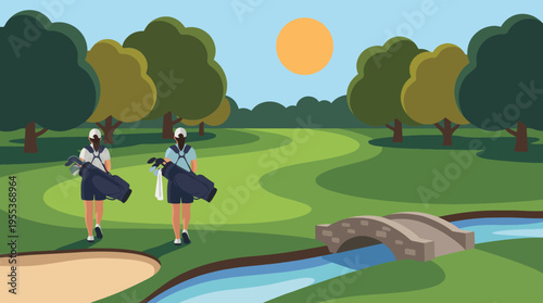 A picturesque view of two golfers walking on a vibrant green course under the warm sun, capturing the joy of leisure, sport, and nature on a beautiful day outdoors.