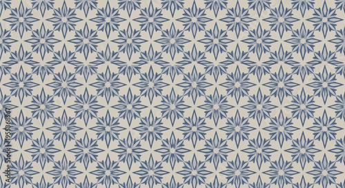 Seamless blue floral ornament pattern with elegant snowflake shapes on light beige background for sophisticated textile design and winter decor projects