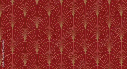 Elegant red art deco fan pattern with gold lines creating sophisticated geometric shell shapes for luxury wallpaper and vintage branding design concepts