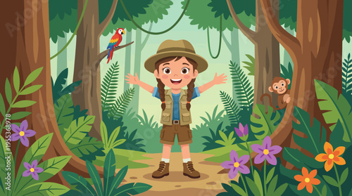 A cheerful young girl explorer in a lush jungle, surrounded by vibrant flora and excited wildlife, highlighting adventure, curiosity, and the beauty of nature all around her.