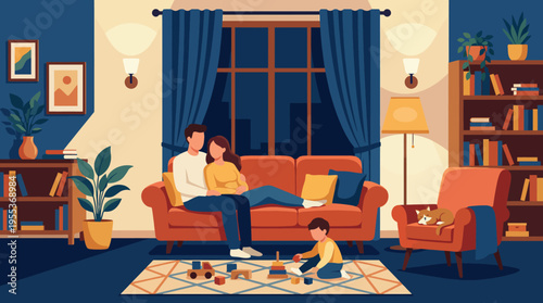 A heartwarming family moment captured in a cozy living room, showcasing a couple relaxing on the couch with their child playing on the floor, emphasizing love and togetherness.