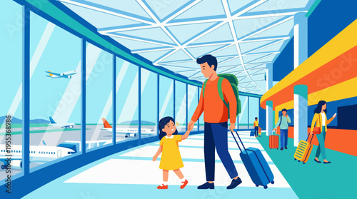 A father and daughter sharing a joyful moment while walking through an airport terminal, embodying excitement and adventure before their travel journey, filled with anticipation.
