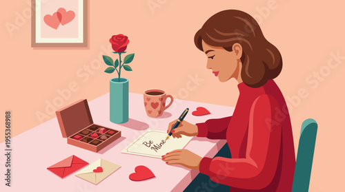 A woman peacefully writing a note at a table adorned with chocolates and a rose, conveying themes of affection, care, and the beauty of small gestures in relationships and emotions.