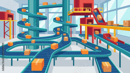 An intricate conveyor belt system in a warehouse, illustrating the efficiency of logistics, with packages moving seamlessly through the various channels for organization and distribution.