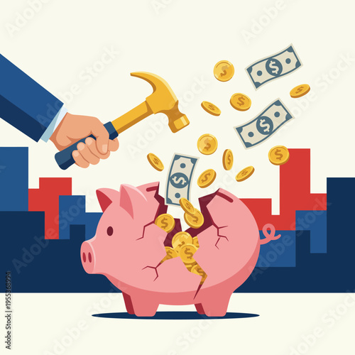 This impactful illustration shows a hand raising a hammer to break a piggy bank, symbolizing financial challenges and the need to confront economic realities in a visually striking manner.