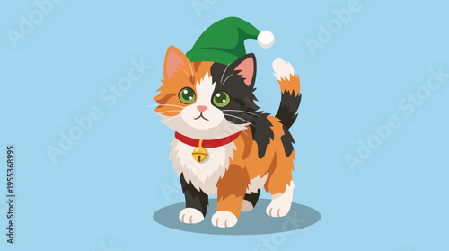 This delightful image showcases a calico cat dressed in a festive Santa hat, exuding charm and warmth, perfect for holiday-themed decorations and joyful expressions of pets.