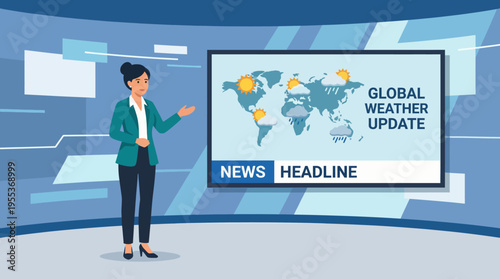 This professional illustration shows a female anchor presenting a global weather update, emphasizing clear communication and information sharing, suitable for news and media sectors.