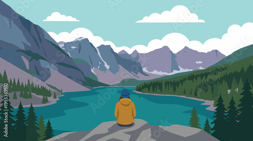 A serene individual gazes out over a tranquil mountain lake, immersed in nature's beauty, symbolizing peace, reflection, and connection with the natural world.