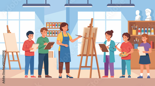 A vibrant art classroom featuring a cheerful instructor guiding a group of enthusiastic children engaged in creative painting activities with various art supplies.